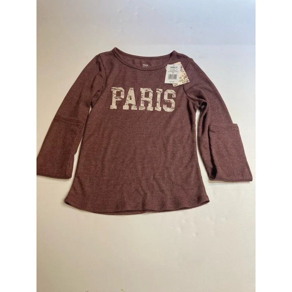Pink Republic Women's Maroon Paris Graphic Scoop Neck Long Sleeve Knit Top M